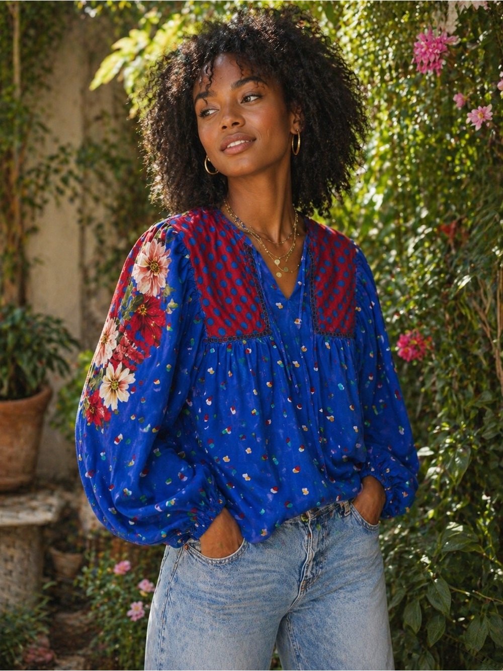 Anthropologie Blank London boho peasant blouse mixed print polka dot Size Medium